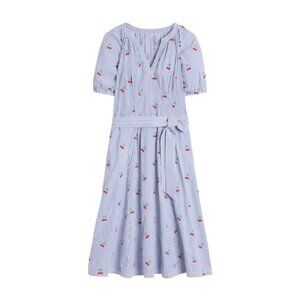 Boden NWT Bria Blue Striped Seersucker Cherry Embroidered A-Line Midi Dress